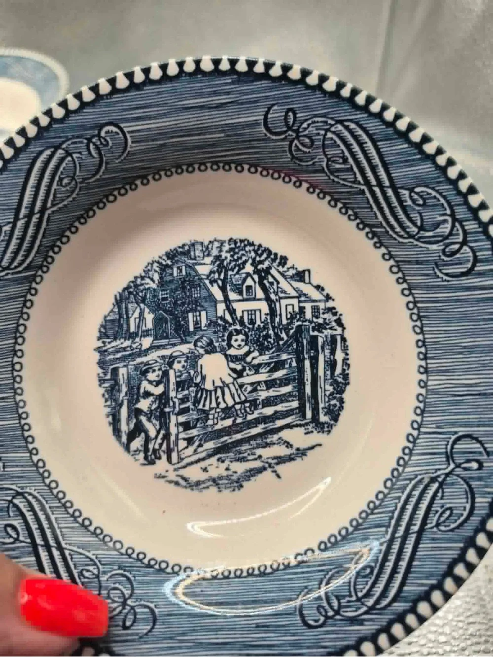 8 Currier & Ives ‘Country Farm Gate’ Blue & White Dessert Bowls Cottagecore Set